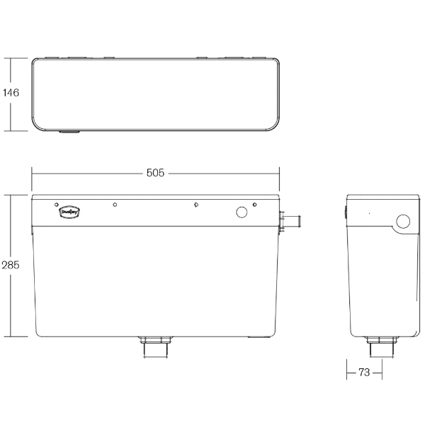 Tyde Mirage dual flush concealed cistern with Lever, Technical drawing