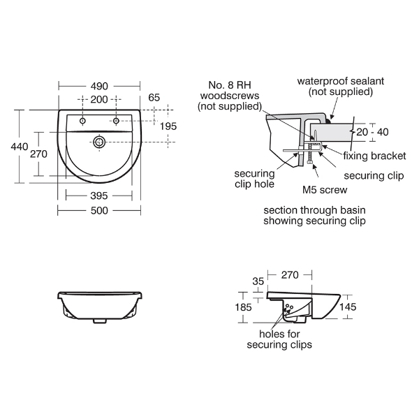 Armitage Shanks Sandringham 21 500 Semi-recessed Basin 2TH - Technical Drawing