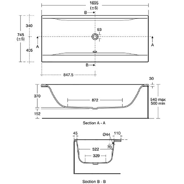 Ideal Standard Concept 1700 x 750mm no tap hole bath