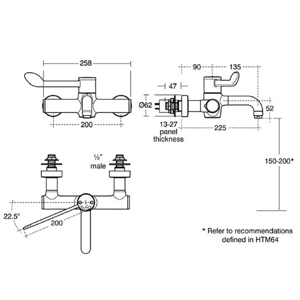 Armitage Shanks Markwick 21+ healthcare lever tap with removable spout, technical drawing