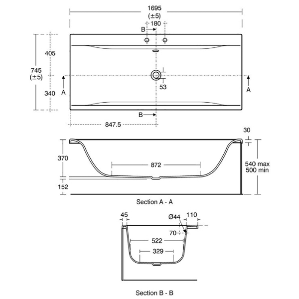 Ideal Standard Concept 1700 x 750mm 2 tap hole bath