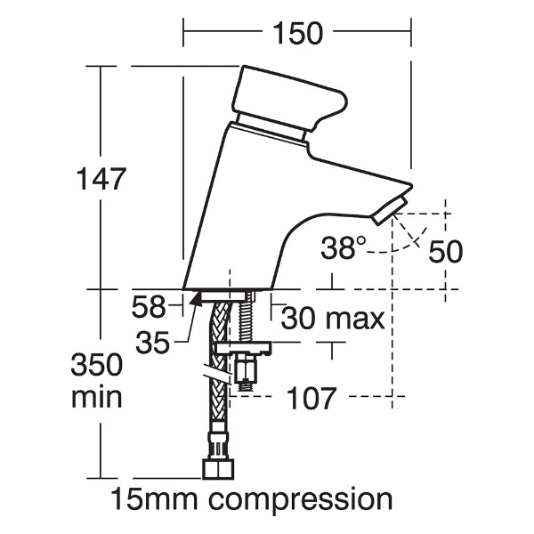 Armitage Shanks Avon 21 self-closing mono basin mixer tap– technical drawing